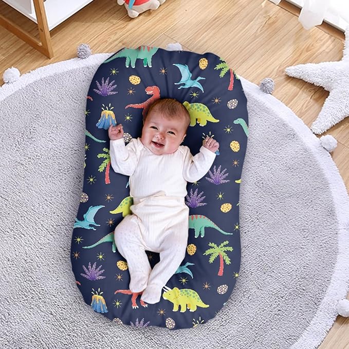 Cartoon Dinosaur Baby Lounger Cover for Boys Newborn Lounger Pillow Covers Soft Breathable Infant Nest Slipcover 31.5'' x 21.3'' Fits Most Standard Baby Loungers