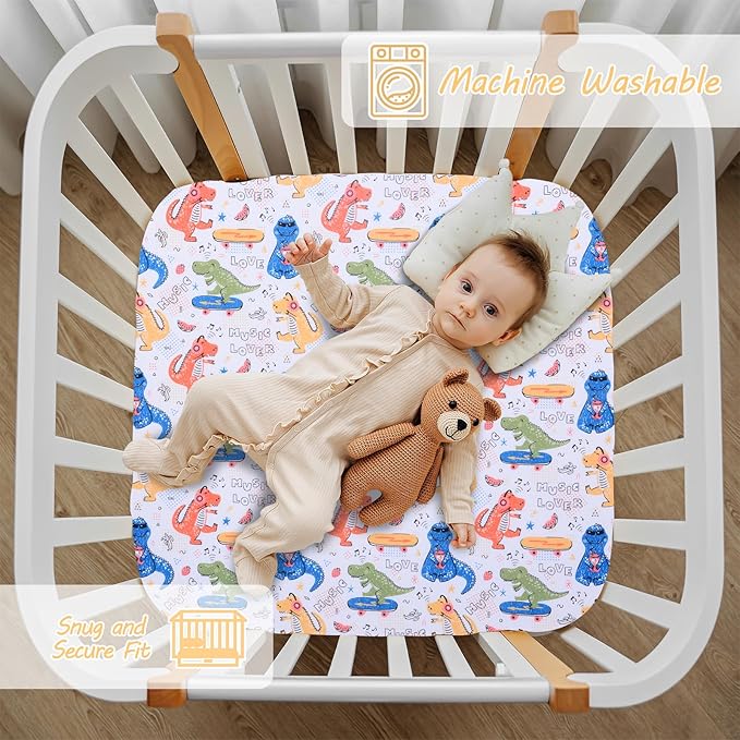 Cloele Square Playard/Playpen Stretch Fitted Sheets Perfect for 36 X 36 Portable Playard Mattresses - Square Pack and Play Crib Sheets - Ultra Soft Music Dinosaur Fitted Playpen Sheet for Baby