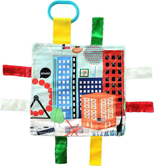 Baby Jack & Co 8x8” Learning Lovey Dallas Texas Tag Toys for Babies - Baby Crinkle Toys - Soft & Safe - Learn USA Cities and Shapes - Ideal Baby Toy & Gift BPA Free w/Stroller Clip