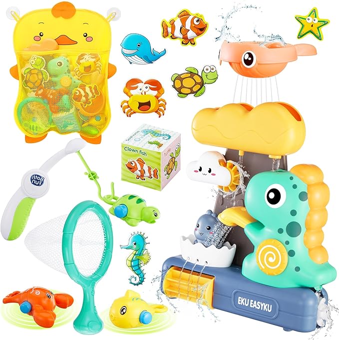 EKU Dinosaur Bath Toys for Kids Toddlers Age 18months+ Interactive Floating Sea Animal Dice Mold Free Fishing Game Water Play Bath Time Bathtub Storage Bag Girl Boy Baby Infant