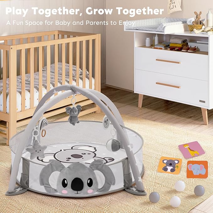 7-in-1 XL Large Baby Play Gym Mat, Tummy Time Mat, Baby Gym & Ball Pit, Baby Activity Mat with Milestone Cards & 6 Detachable Toys for Sensory Motor Skill, Grey Koala