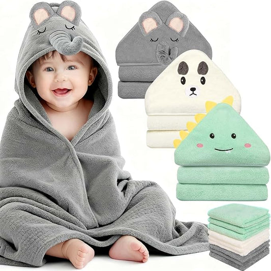 Sublaga 12 Pcs Baby Towels and Washcloths Set, Hooded Baby Towel, Soft and Absorbent Baby Bath Towels, 3 PCS Cute 32x32 in Baby Towel with Hood and 9 Pcs Baby Washcloths for Boys and Girls