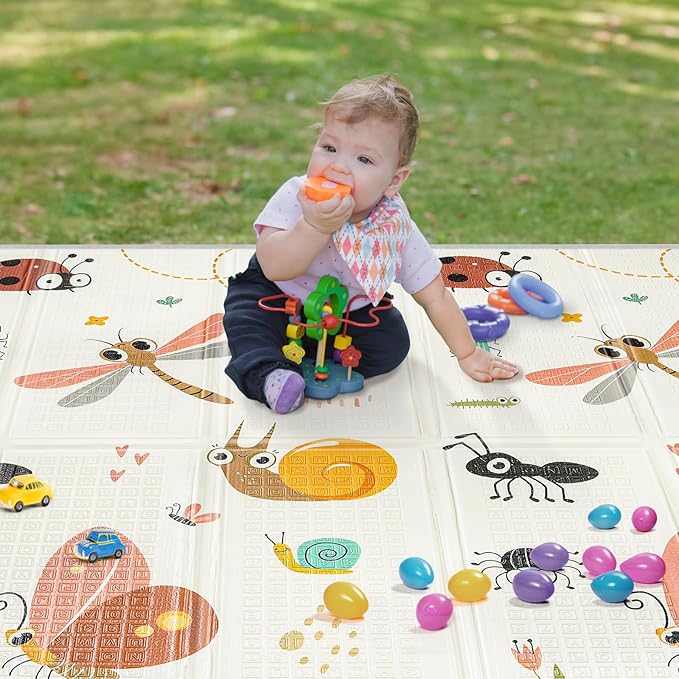 Foldable Baby Play Mat, PIGLOG 50" x 50" Waterproof Playmat for Playyards for Babies, Safe Foam Playmat for Tummy Time, Reversible Playmats, Portable Floor Mat for Infant, Toddler，Dragonfly + Ant