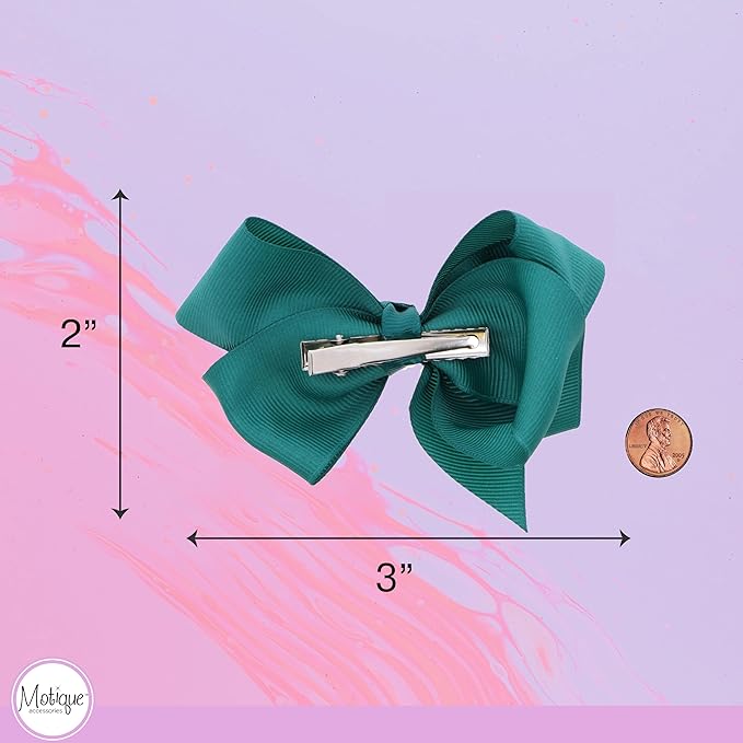 3 Inch Grosgrain Bow for Little Girls- Set of 2 (Dark Turquoise)