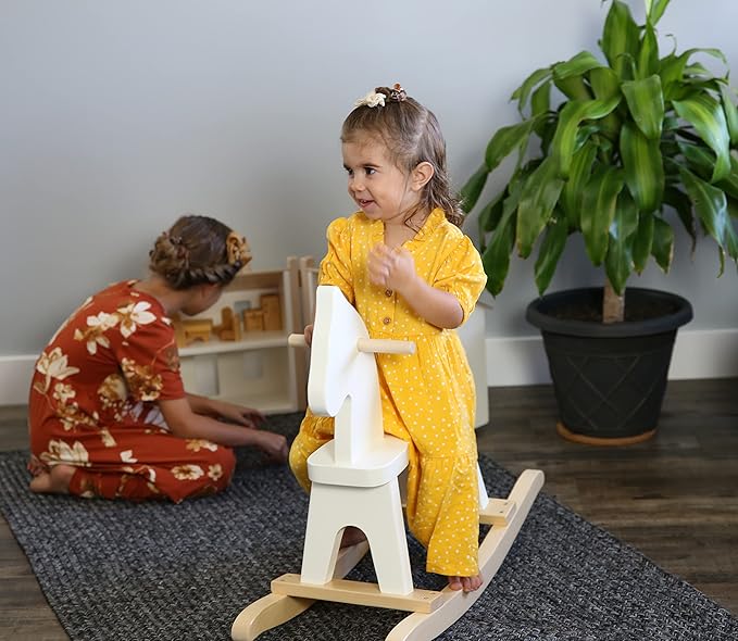 AmishToyBox.com Wooden Rocking Horse Toddler Ride-On Toy (White and Natural)