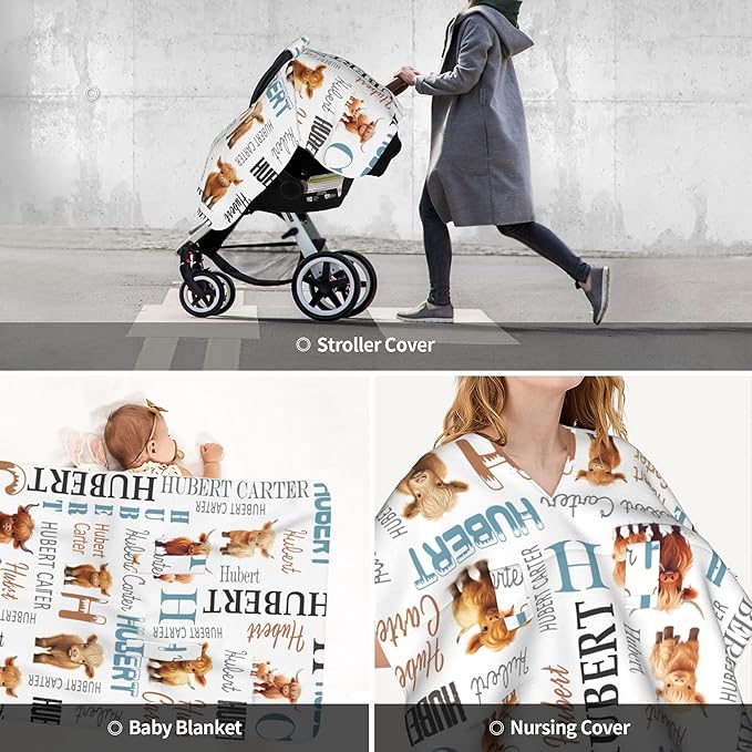 Personalized Highland Cow Carseat Cover for Baby Custom Name Car Seat Canopy for Newborn Baby Boys Girls 2 in 1 Mom Nursing Breastfeeding Covers Minky Baby Carrier Stroller Covers