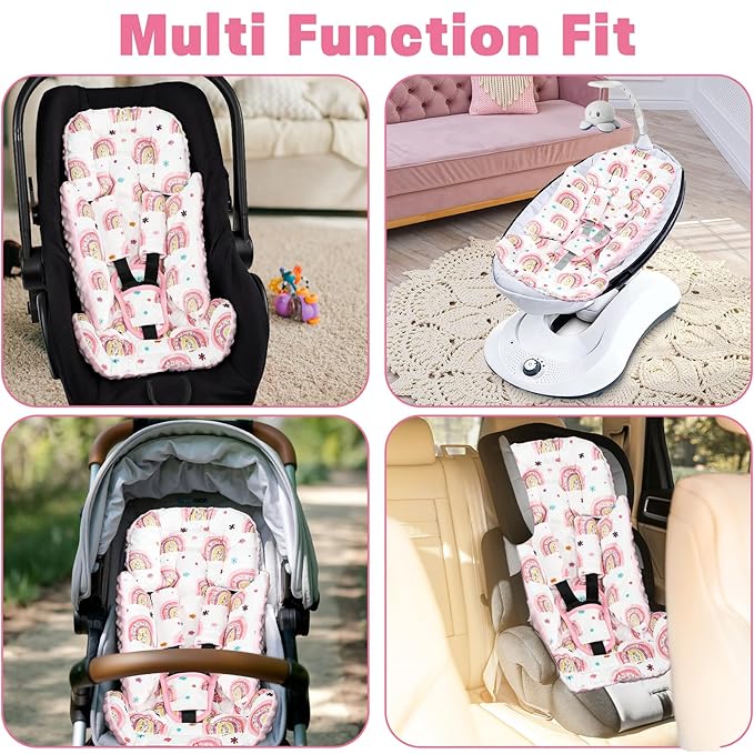 Pea Pod Infant Car Seat Insert with 3 Strap Covers, Reversible Baby Car Seat Head and Body Support, Minky Dot Newborn Carseat Insert for Preemie (Cute Rainbow)