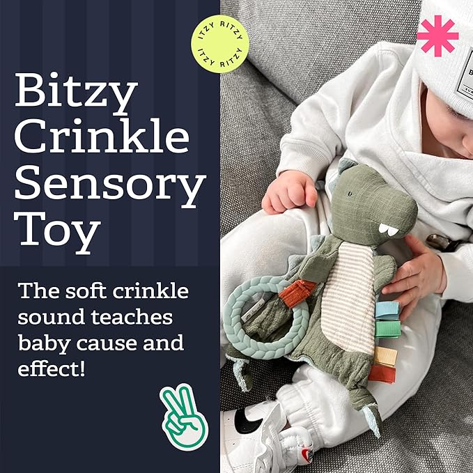 Itzy Ritzy - Bitzy Crinkle Sensory Toy Dinosaur with Crinkle Sound for Babies & Toddlers - Features Soft Braided Teething Ring & Textured Ribbons, Designed for Ages 0 Months and Up, Dinosaur