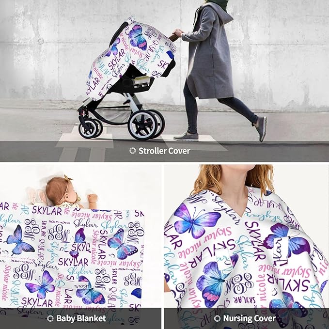 Personalized Baby Car Seat Canopy for Babies with Name, Custom Butterfly Purple Stroller Car Seat Covers for Girls, Minky Nursing Carseat Cover for Breastfeeding, Car Seat Canopies for Infant Newborn