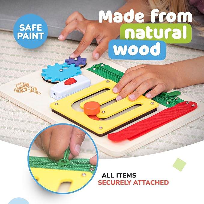 deMoca Sensory Busy Board for 1 Year Old, Travel Wooden Montessori Busy Board for Toddlers 1–3, Switch and Fidget Activity Board for Early Motor Skills and Travel Play