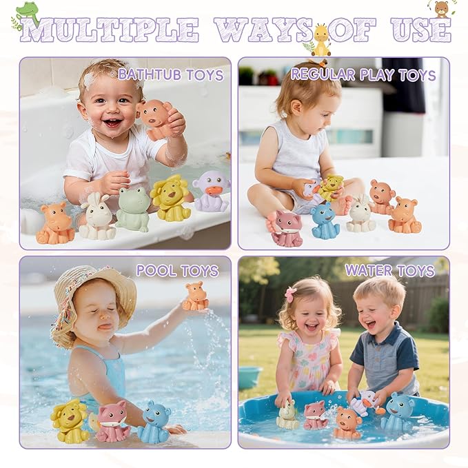 Baby Bath Toys, 9 Pack | Sealed, No Hole & Mold Free Bath Toys for Babies 6-12 Months | Soft, Squeezable & Float on Water | Safe, Easy-Grip Toddler Bath Toy Set | Baby Water Pool Toys-Wild Animal