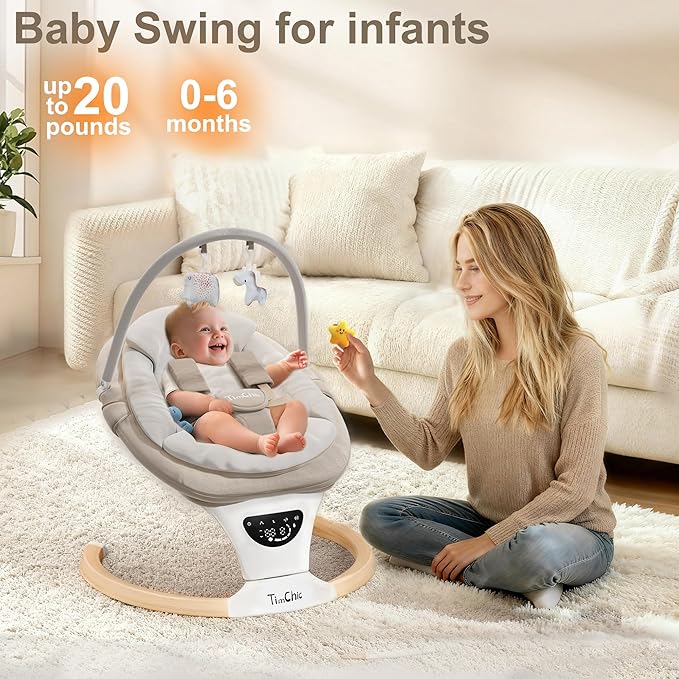 Baby Swings for Infants, Portable Infant Swing with 5-Speeds, 3-Adjustable Height, 3 Timer & 12 Lullabies, Mutil-Function Electric Swing for Baby, Indoor & Outdoor Use (Beige)