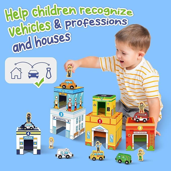 Aizweb Toddler Sorting&Stacking Toys with Magnetic Wooden Vehicle,Cars&Community Helpers,STEM Building Blocks,Educational Learning Montessori Gifts for 1 2 3 Year Old Boys Girls Preschool Kindergarten