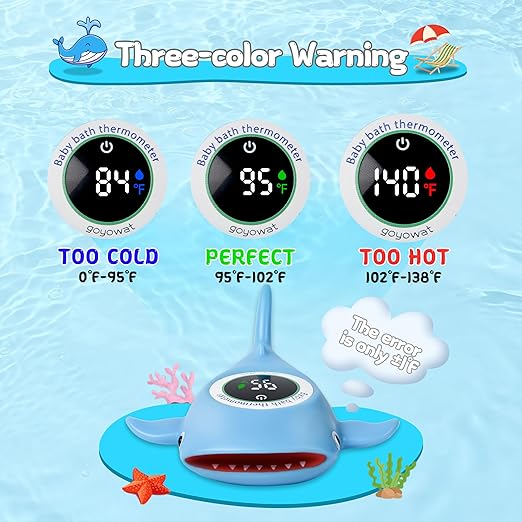 Mini LED Baby Bathtub Thermometer, Floating Whale Toy - Baby Bath Safety Alarm, Three-Color Temperature Display, Waterproof Temperature Detector, Floating Toy, Household Cleaning kit