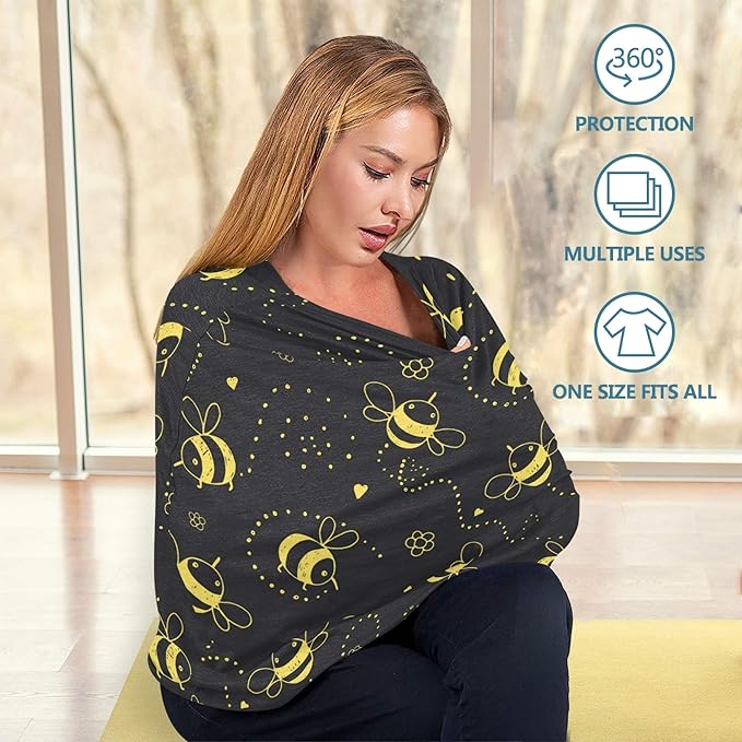 Cartoon Cute Bee Flower Heart Pattern Doodle On Black Stretchy Baby Car Seat Cover Infant Canopy Nursing Covers Breastfeeding Cover Breathable Windproof Winter Scarf for Boys Girls