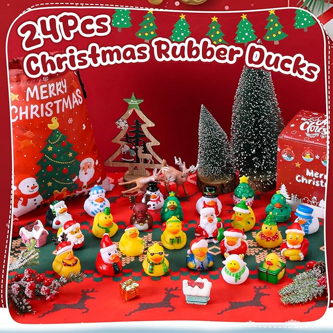 24 Pcs Christmas Rubber Ducks with a Bag, Christmas Stocking Stuffers for Kids, Santa Duckies for Xmas Party Favors Decorations, Ducks for Jeeps Classroom Gift Exchange, Baby Bath Toys