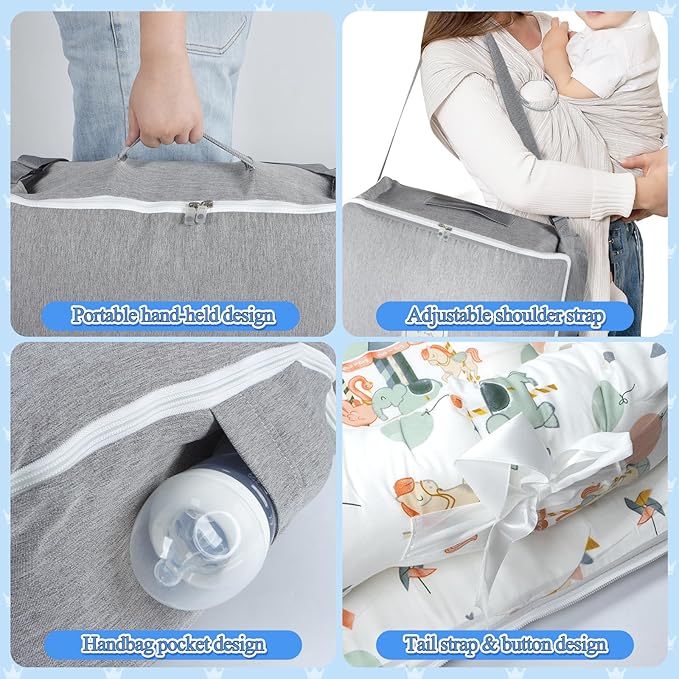 Baby Lounger for Newborn 0-24 Months, Portable Infant Lounger with Soft Breathable Cotton, Adjustable Size Lengthen Space Lightweight & Washable Essentials for Home (3. Carousel)