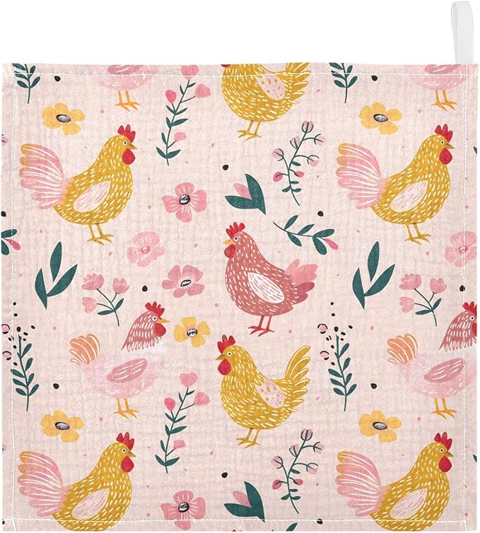 Bolaz Washcloths Set Bathroom Kitchen Wash Cloths Face Towels Wipes Chickens Pink Decorative 12x12 Inch 5 Pack