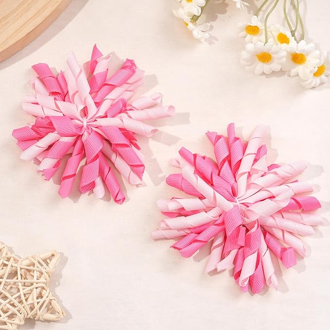 Yxiang Korker Cheer Bows Hair Clips Girls 4pcs Cute Pink & White Curly Corker Ribbon Alligator Barrettes Hair Accessories Kids Toddler Birthday Gift