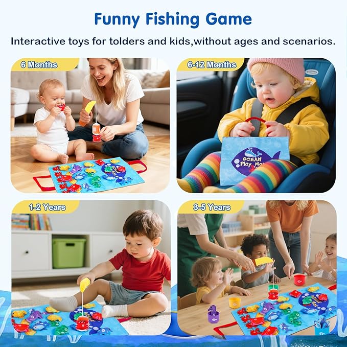 Montessori Toys for 1-2 Year Old - Cloth Ocean Fishing Game with Stacking Cups, Toddler Learning Toy for 12-18 Months, First Birthday Gifts for 1 Year Old Boy Girl, Learn Count and Sort Colors