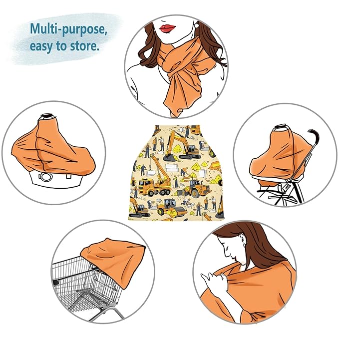 Construction Car Building People Pattern Stretchy Baby Car Seat Cover Infant Canopy Nursing Covers Breastfeeding Cover Breathable Windproof Winter Scarf for Boys Girls