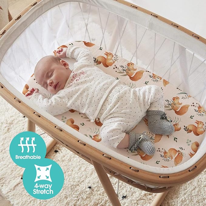 Stretch Fitted Bassinet Sheet Set BROLEX 2 Pack Cradle Sheets for Bassinet Pad/Mattress,Unisex Boys Girls,Ultra Soft,Squirrel Foliage