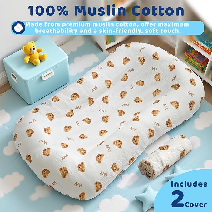 Baby Lounger, Newborn Lounger with Breathable & Soft Cover for Floor, Couch & Travel, 0-24 Months Newborn Babies Essentials Gifts. (2 Cover Included)