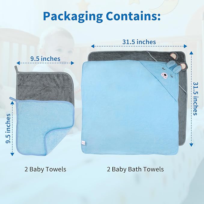 HBHLFZ 4-Pack Baby Bath Towels,Set of 2 Hooded Baby Bath Towels and 2 Baby Face Towels, Super Soft,Highly Absorbent,31.5x31.5inch,Suitable for Newborns,Toddlers and Children,Unisex（Elephant, Dog）