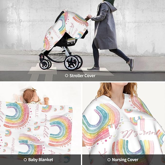 Personalized Baby Car Seat Cover Custom Name CarSeat Canopy Customized Rainbow Newborn Nursing Breastfeeding Cover Minky Baby Blanket Infant Car Seat Canopies for Baby Girls Boys