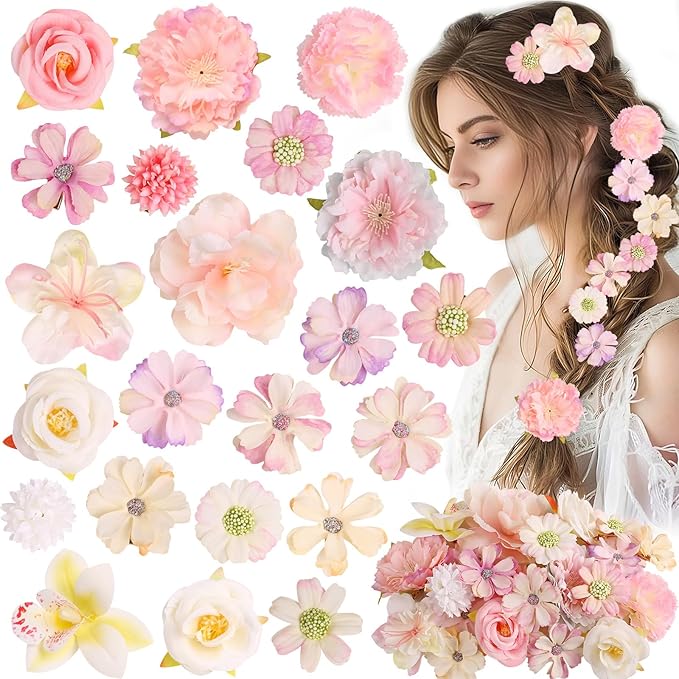 Leery 20 PCS Boho Flower Hair Clips for Women - Rose Hair Barrettes, Wedding Hairpins, Bridal Headpiece, Hawaiian Silk Floral Clips (Pale Pink‌)