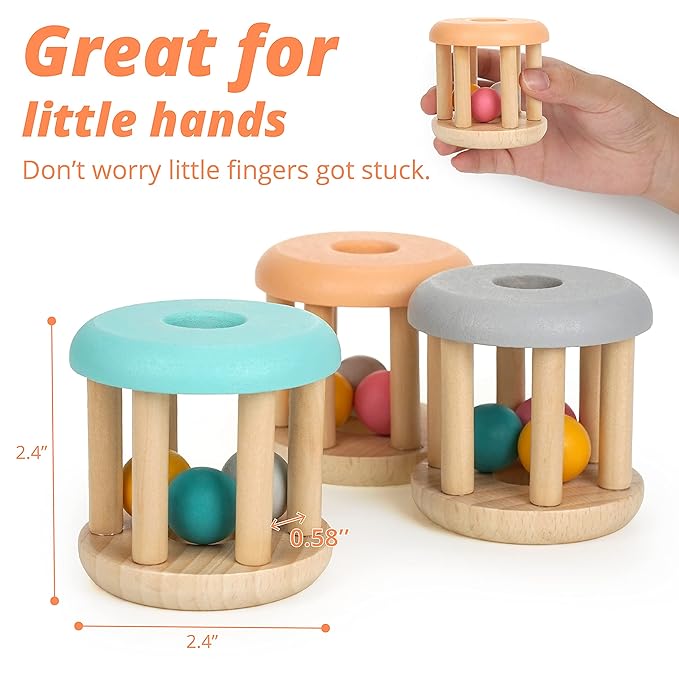DUCKBOXX XX® Montessori Infant Educational Toys, Natural Wood Rolling Rattle Toy, Early Learning Toy for Developing Fine Motor Skills and Color Recognition, for Ages 0m–2yrs (Burlywood Base - 3pcs)