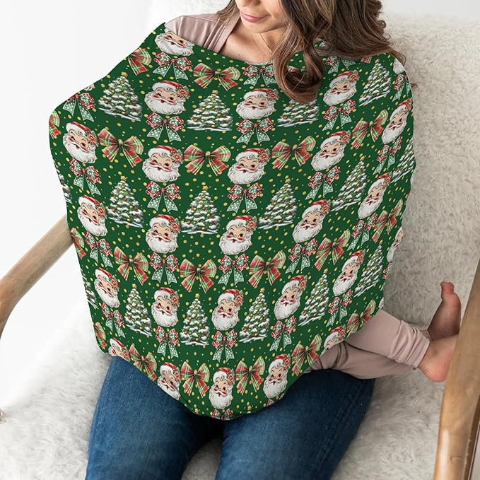 Christmas Santa Trees Car Seats Cover for Babies Santa Claus Red Green Bows Stretchy 5-in-1 Cover Adjustable Car Canopy Cover Winter Holiday Breathable Nursing Cover-Up