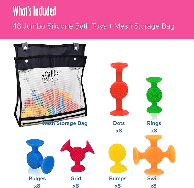 Gift Boutique 48 Pack Bulk Easter Basket Stuffers | Toddler Bath Toys for Kids Fine Motor Skills | Silicone Suction Sensory Toys | Montessori Travel Airplane Activities with Storage Bag, Easter Gift