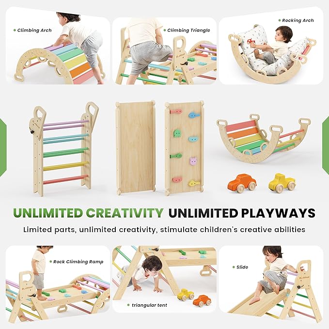 BlueWood Pikler Triangle Set with Cushion - Climbing Toys for Toddlers 9-in-1, Montessori Philosophy Play Jungle Gym with Arch, Ramp, Ladder (Rainbow)