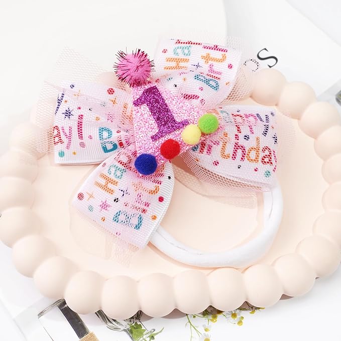Baby Girls Pink Birthday Hair Bow Clip 1 2 3 4 5 6 Years Sprinkle Tulle Decorations Confetti Ice Cream Party Pink Hair Accessories for 1st Birthday