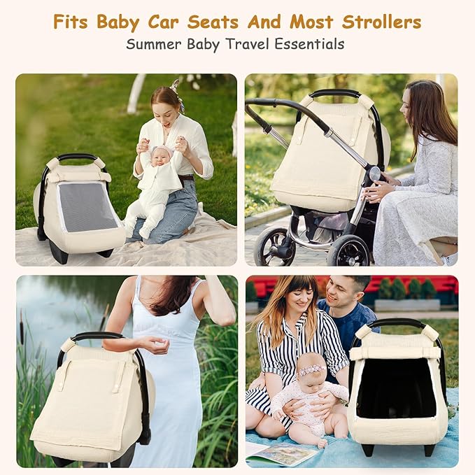 Car Seat Cover Baby, Summer Carseat Covers for Babies Girls Boys Breathable Muslin Cotton HNHUAMING Infant Car Seat Canopy with Large Mesh Window, Cozy & Windproof Newborn Stroller Cover, Apricot