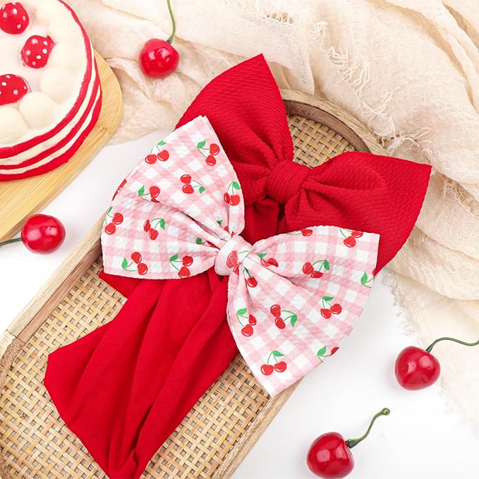 2 Pcs Baby Girl Headbands 6’’ Red Bows Cherry Hair Accessories Summer Outfits for Newborn Infant Toddler Girls Clothes