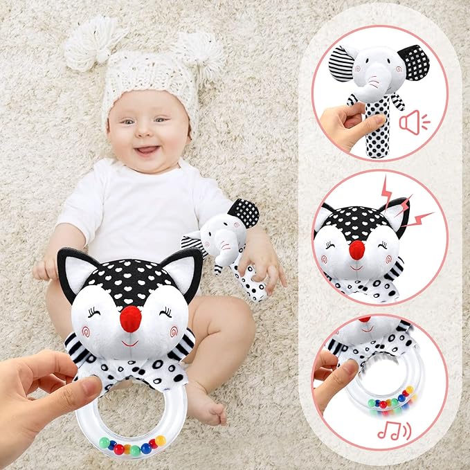 Baby Rattles 0-6 Months Baby Toys 0-6 Months, Newborn Toys 0 3 Months Brain Development, Infant Toys 0-6 Months Baby Sensory Toys Soft Rattles for Babies 0-6 Months Shower Party Gift