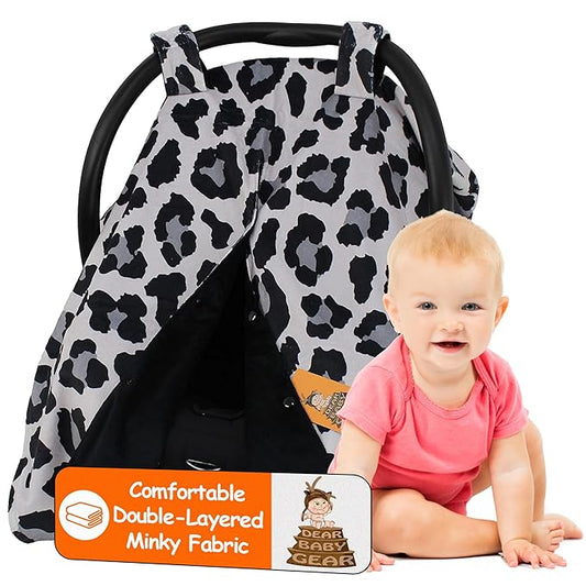 Dear Baby Gear Car Seat Cover for Boys & Girls - Baby Carseat Canopy w/Snap Opening - Infant Seat Cover - Stroller & Nursing Covers - Newborn Carrier Canopy- 40x30" (Gray Leopard Print, Smooth Black)