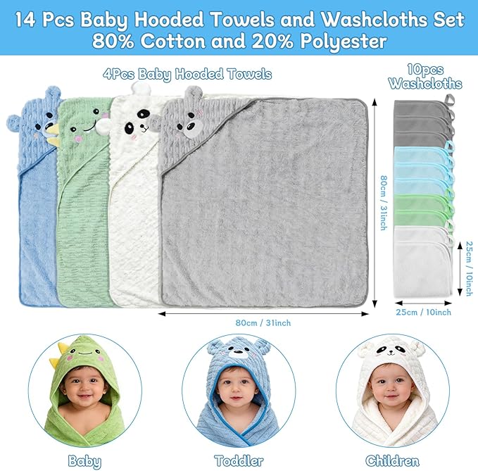 14 PCS Baby Bath Towels Set, 4 PCS Animal Hooded Baby Towels & 10 PCS Washcloths, Ultra Soft & Absorbent Newborn Bath Towels for Infants Toddlers