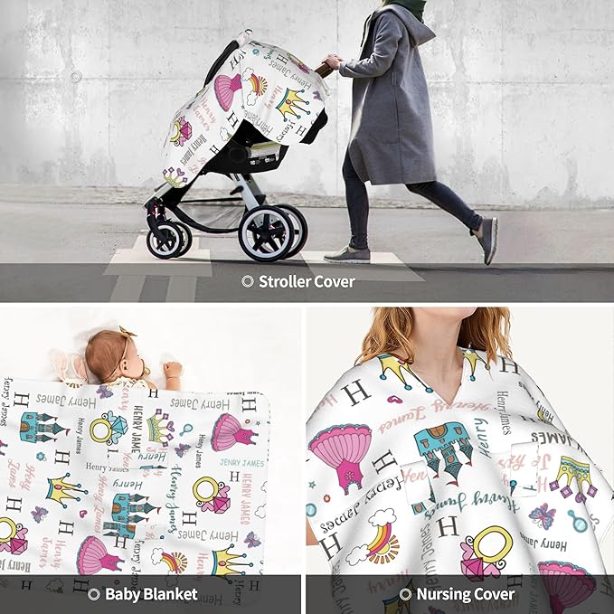 Personalized Car Seat Covers for Babies Custom Name Car Seat Canopy for Newborn Baby Boys Girls 2 in 1 Mom Nursing Breastfeeding Covers Princess Minky Baby Carrier Covers with Peekaboo Opening