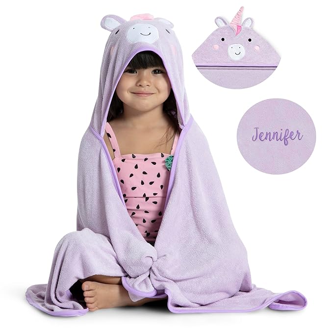Delta Children Personalized Kids Hooded Bath Towel with Pockets - Super Soft and Absorbent- Great Gift for Boys and Girls, Light Purple Unicorn