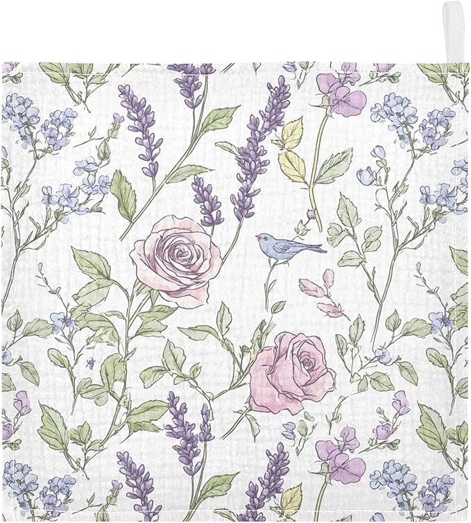 Bolaz Washcloths Set Bathroom Kitchen Wash Cloths Face Towels Wipes Lavender Rose Decorative 12x12 Inch 5 Pack
