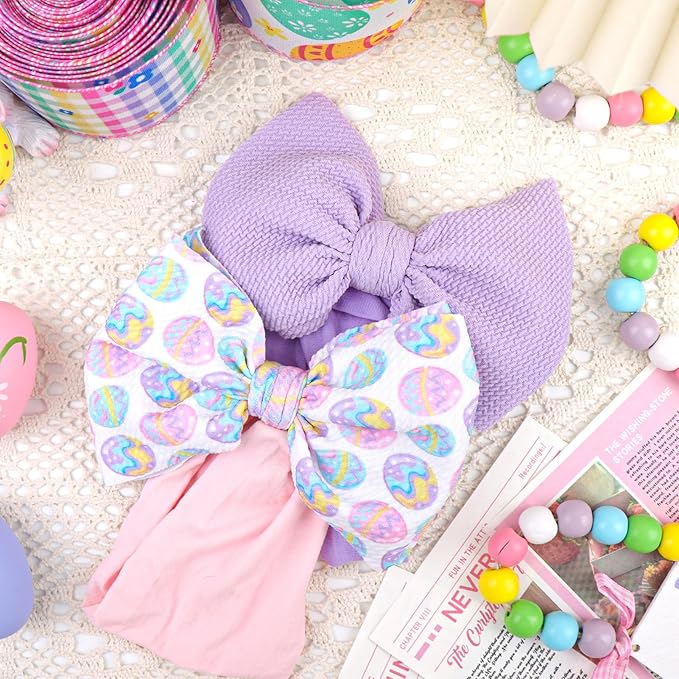 YanJie Easter Headbands Bow Purple Pink Egg Carrots Printed Nylon Hairbands Cheer Bows Big Easter Hair Accessories Infant Easter Gifts