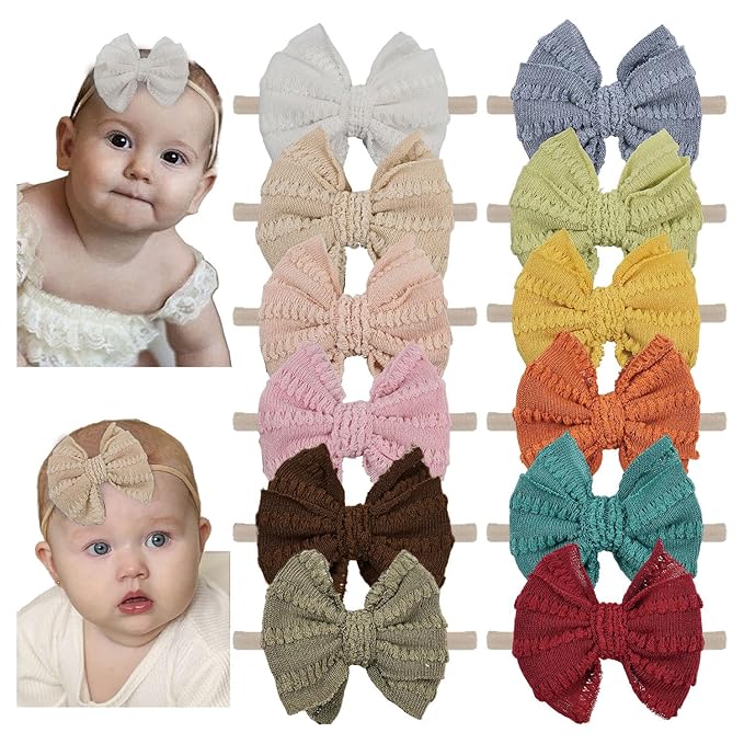 Big Waffle Knitting Hair Bow Headbands, Baby Girl Soild Color Hair Bands 12Pcs Hair Accessories for Newborn Toddlers Kids(KX big bow 12PCS)