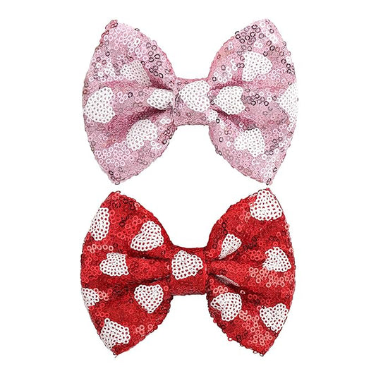Valentine's Day 5 Inch Glitter Hair Bows Clips Large Sequins Bow Hair Clips Red Pink Love Heart Hair Barrettes Hair Accessories for Girls Children Kids 2Pcs