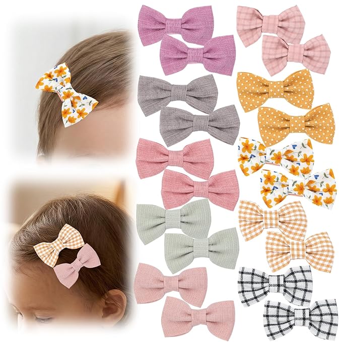 20 Pcs Baby Hair Clips Bows for Baby Girl Hair Accessories Cotton Handmade Fully Lined Clips Non Slip Barrettes for Fine Cute Tiny Bows Barrettes for Infants Toddlers, and Little Girls
