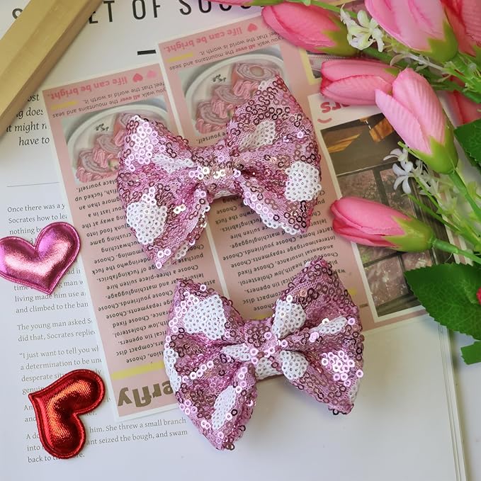 Valentines Red Sequin Hair Bows for Girls Pink Sparkly Alligator Clips Pink Love Heart Glitter Valentine's Day Hair Accessories for Little Teen Toddler Girls Kids Gift