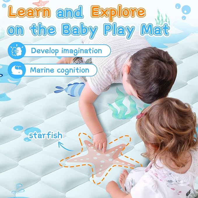 Baby Play Mat 65x50in - Thicken Soft Baby Cushioned Playmats for Playpen - Large Crawling Play Mats for Babies Toddlers Infant Non-Slip - Foldable & Machine Washable Infant Floor Play Mat, Ocean
