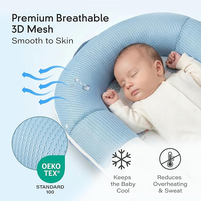JollyBoo® Deluxe Infant Lounger Pillow - Baby Lounger 0-24 Months | Bamboo-Cotton Portable Baby Nest with Foldable Sunshade & 2 Plush Toys | Soft, Breathable Mesh for Cool, Safe Rest (Blue Elephant)